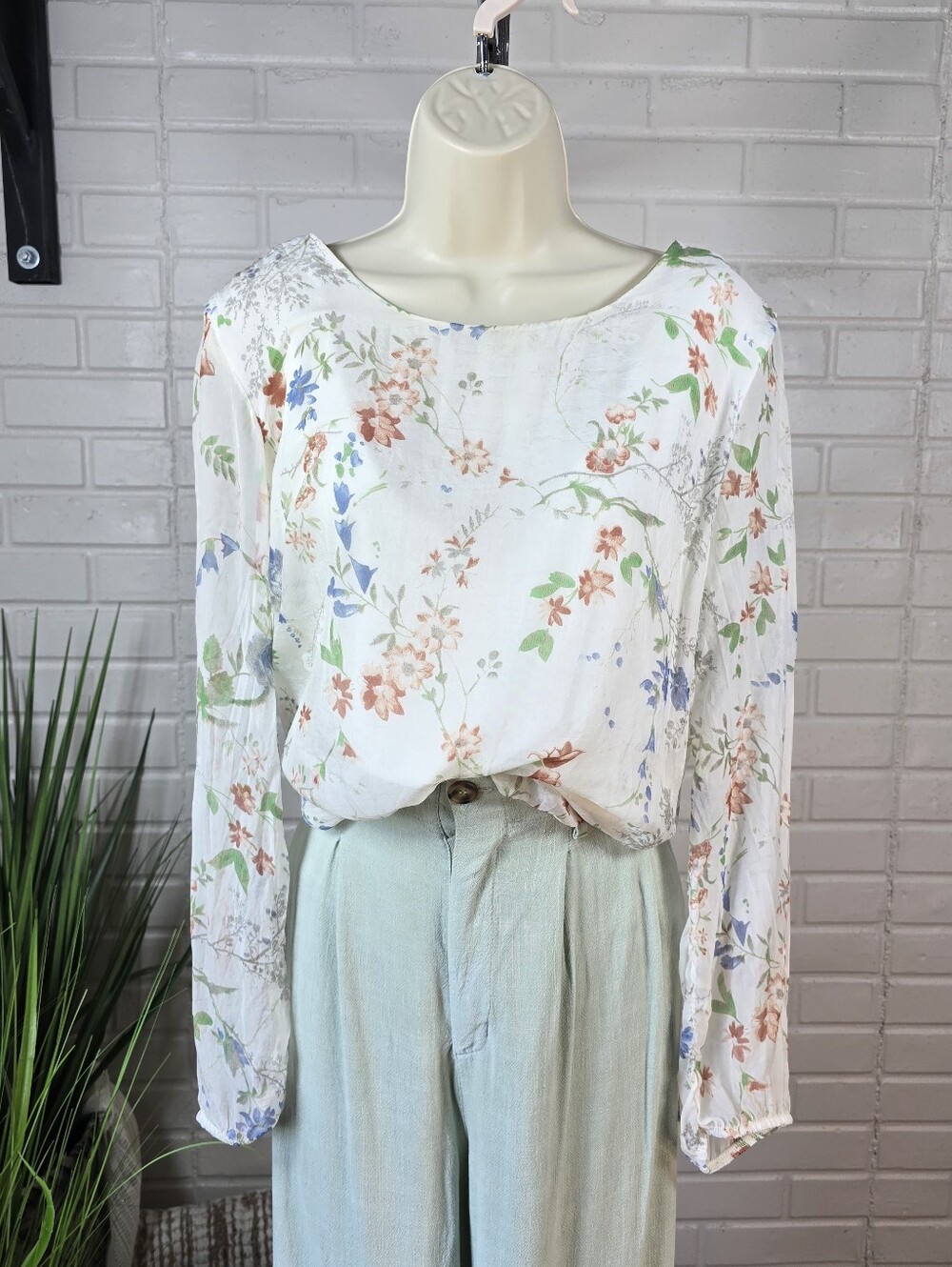 Elena Baldi Silk Floral Long Sleeve Boatneck Top Blouse Large